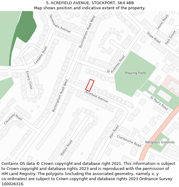 5, ACREFIELD AVENUE, STOCKPORT, SK4 4BB: Location map and indicative extent of plot