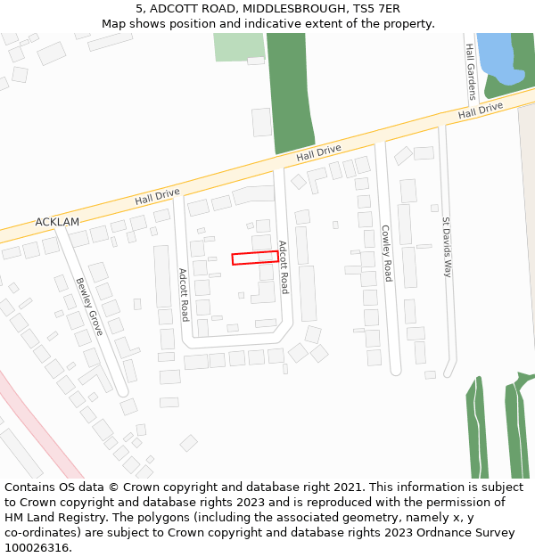 5, ADCOTT ROAD, MIDDLESBROUGH, TS5 7ER: Location map and indicative extent of plot