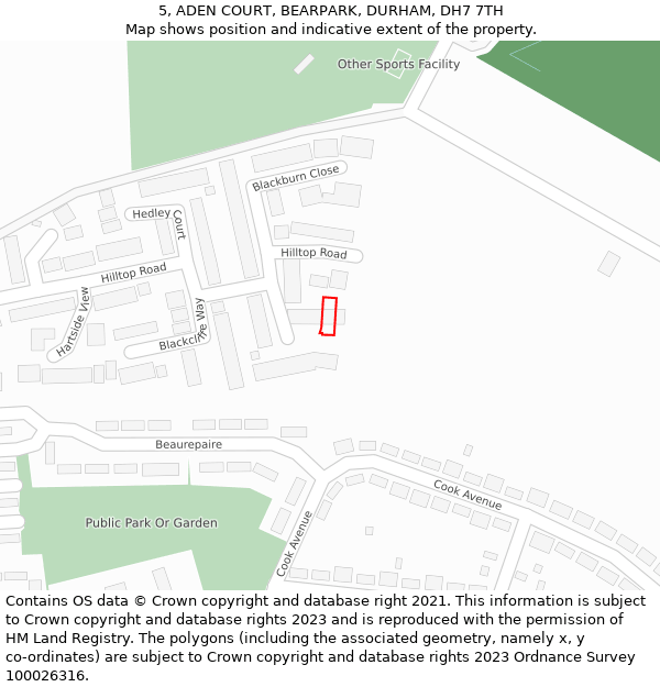 5, ADEN COURT, BEARPARK, DURHAM, DH7 7TH: Location map and indicative extent of plot