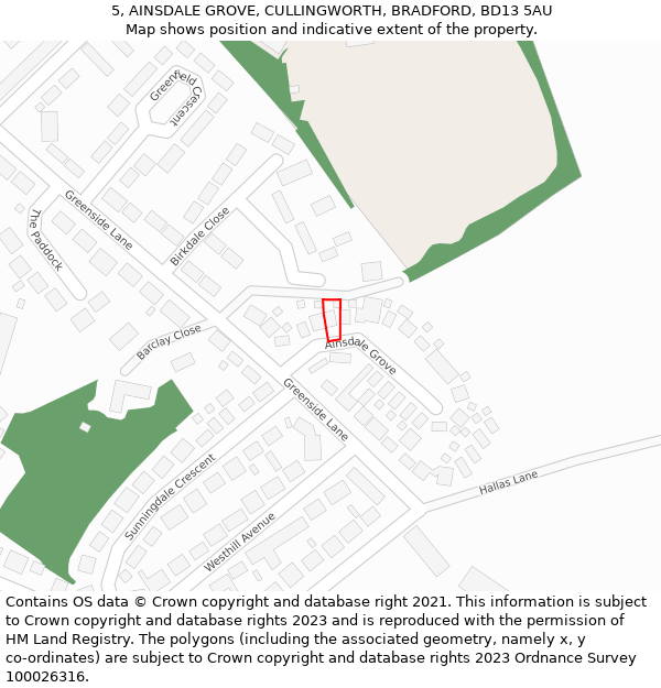5, AINSDALE GROVE, CULLINGWORTH, BRADFORD, BD13 5AU: Location map and indicative extent of plot