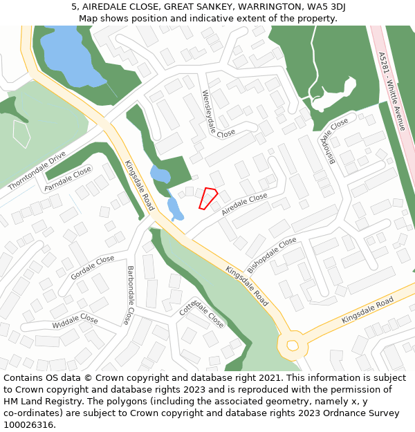 5, AIREDALE CLOSE, GREAT SANKEY, WARRINGTON, WA5 3DJ: Location map and indicative extent of plot