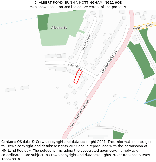 5, ALBERT ROAD, BUNNY, NOTTINGHAM, NG11 6QE: Location map and indicative extent of plot