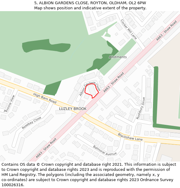 5, ALBION GARDENS CLOSE, ROYTON, OLDHAM, OL2 6PW: Location map and indicative extent of plot