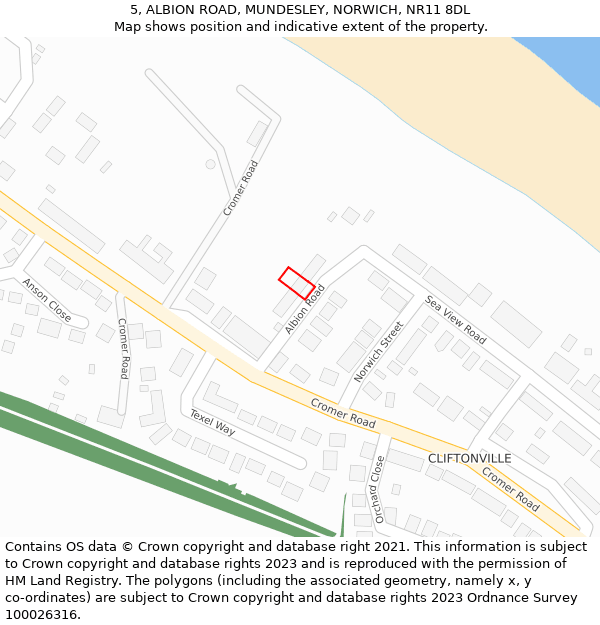 5, ALBION ROAD, MUNDESLEY, NORWICH, NR11 8DL: Location map and indicative extent of plot