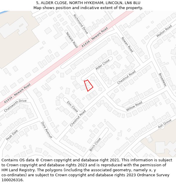 5, ALDER CLOSE, NORTH HYKEHAM, LINCOLN, LN6 8LU: Location map and indicative extent of plot