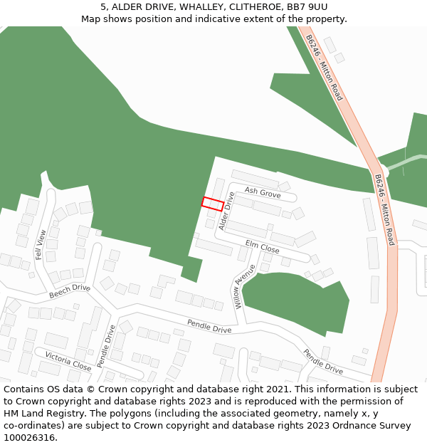 5, ALDER DRIVE, WHALLEY, CLITHEROE, BB7 9UU: Location map and indicative extent of plot