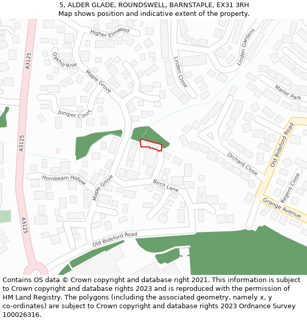 5, ALDER GLADE, ROUNDSWELL, BARNSTAPLE, EX31 3RH: Location map and indicative extent of plot