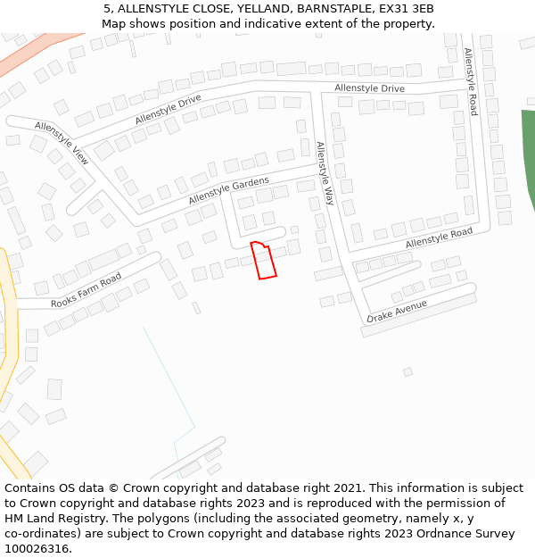 5, ALLENSTYLE CLOSE, YELLAND, BARNSTAPLE, EX31 3EB: Location map and indicative extent of plot