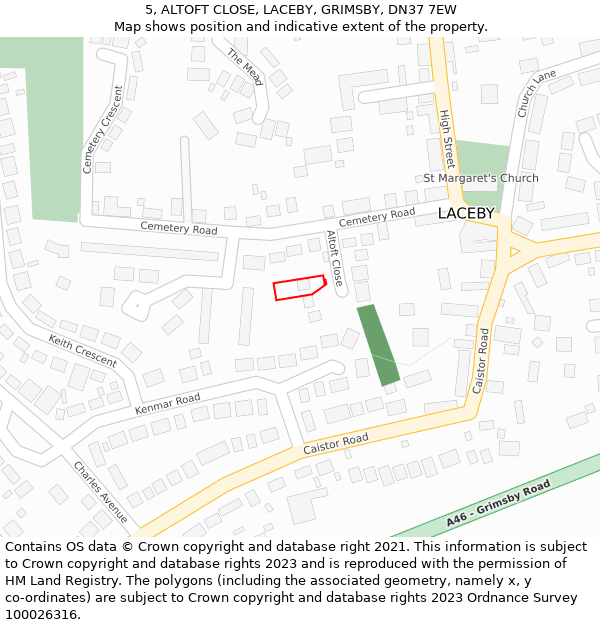 5, ALTOFT CLOSE, LACEBY, GRIMSBY, DN37 7EW: Location map and indicative extent of plot