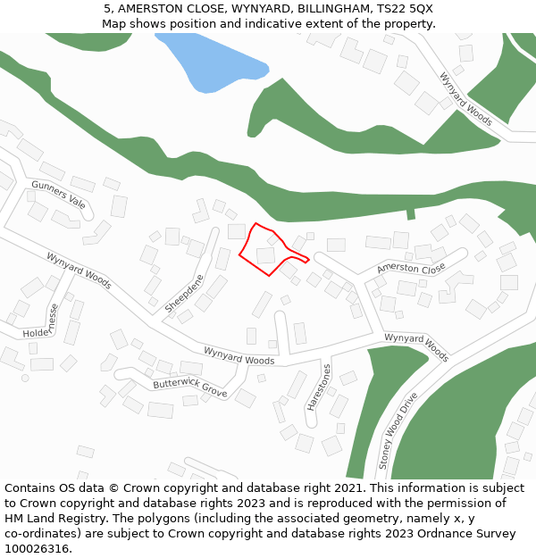 5, AMERSTON CLOSE, WYNYARD, BILLINGHAM, TS22 5QX: Location map and indicative extent of plot