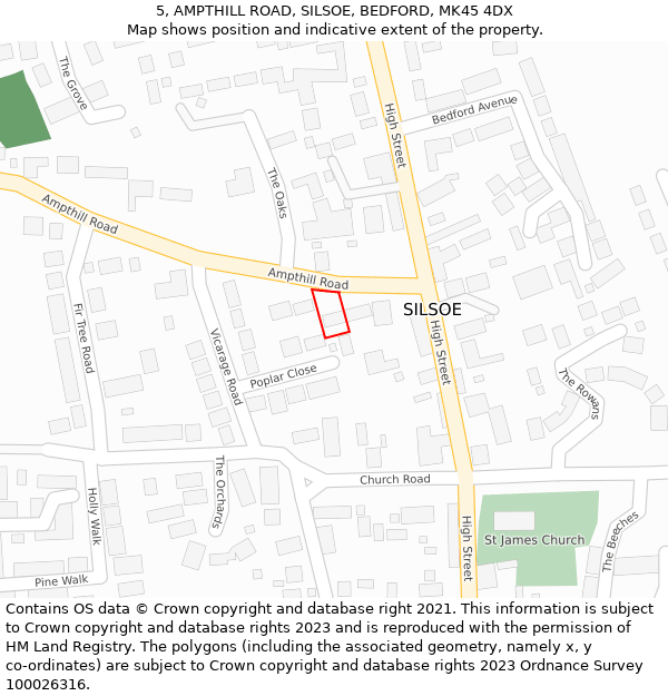 5, AMPTHILL ROAD, SILSOE, BEDFORD, MK45 4DX: Location map and indicative extent of plot