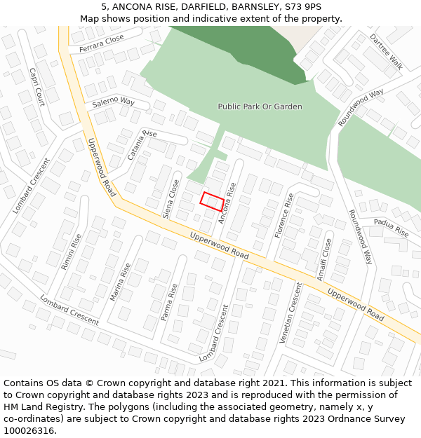 5, ANCONA RISE, DARFIELD, BARNSLEY, S73 9PS: Location map and indicative extent of plot