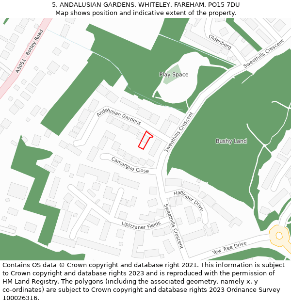 5, ANDALUSIAN GARDENS, WHITELEY, FAREHAM, PO15 7DU: Location map and indicative extent of plot