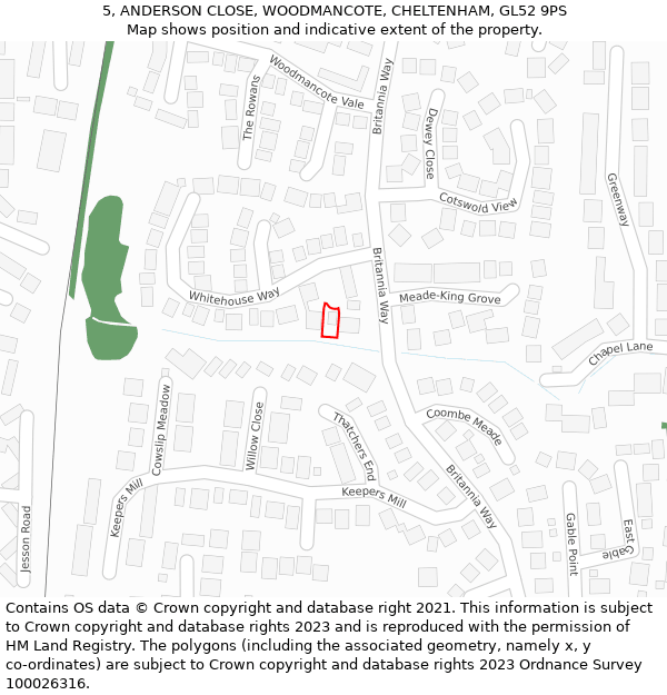 5, ANDERSON CLOSE, WOODMANCOTE, CHELTENHAM, GL52 9PS: Location map and indicative extent of plot