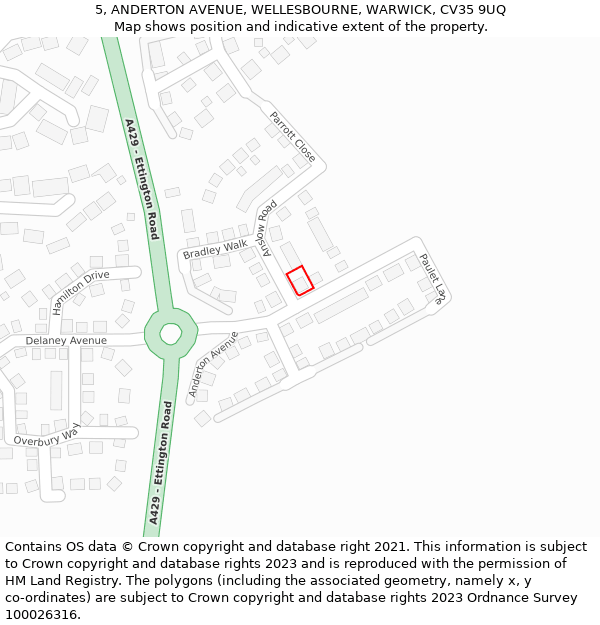 5, ANDERTON AVENUE, WELLESBOURNE, WARWICK, CV35 9UQ: Location map and indicative extent of plot