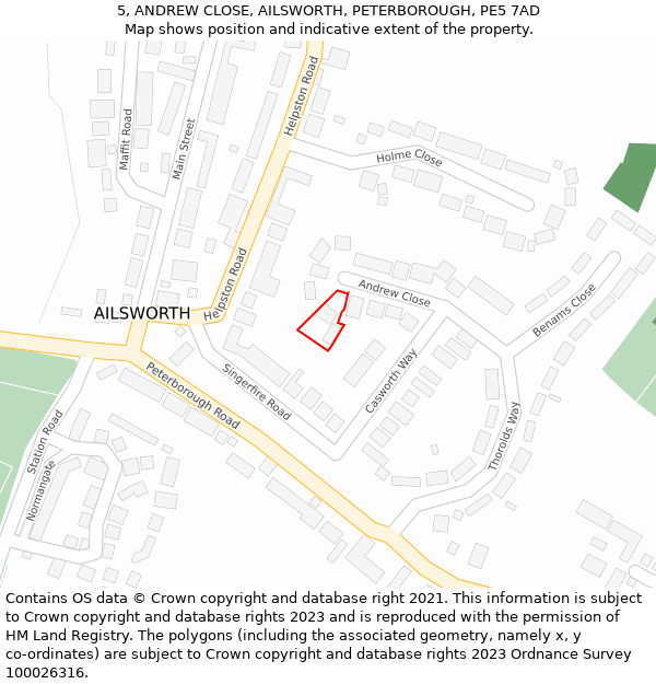 5, ANDREW CLOSE, AILSWORTH, PETERBOROUGH, PE5 7AD: Location map and indicative extent of plot
