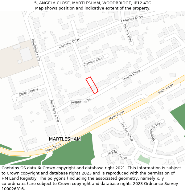 5, ANGELA CLOSE, MARTLESHAM, WOODBRIDGE, IP12 4TG: Location map and indicative extent of plot