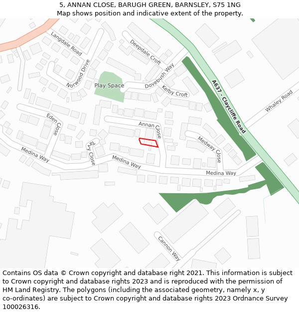 5, ANNAN CLOSE, BARUGH GREEN, BARNSLEY, S75 1NG: Location map and indicative extent of plot