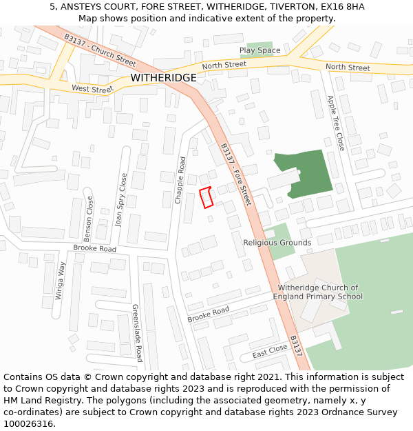 5, ANSTEYS COURT, FORE STREET, WITHERIDGE, TIVERTON, EX16 8HA: Location map and indicative extent of plot