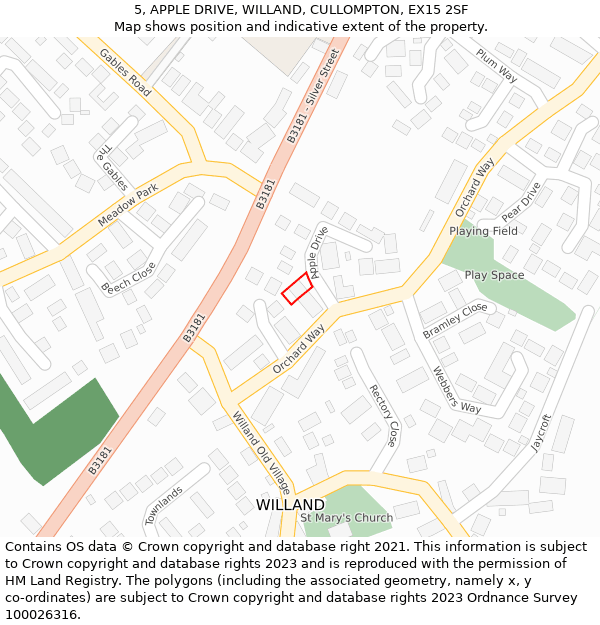 5, APPLE DRIVE, WILLAND, CULLOMPTON, EX15 2SF: Location map and indicative extent of plot