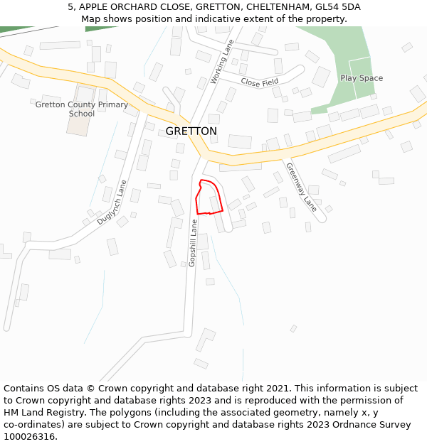 5, APPLE ORCHARD CLOSE, GRETTON, CHELTENHAM, GL54 5DA: Location map and indicative extent of plot