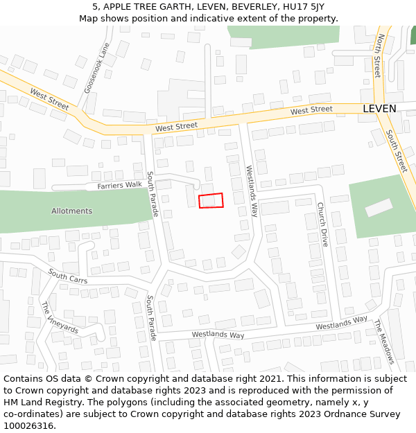 5, APPLE TREE GARTH, LEVEN, BEVERLEY, HU17 5JY: Location map and indicative extent of plot