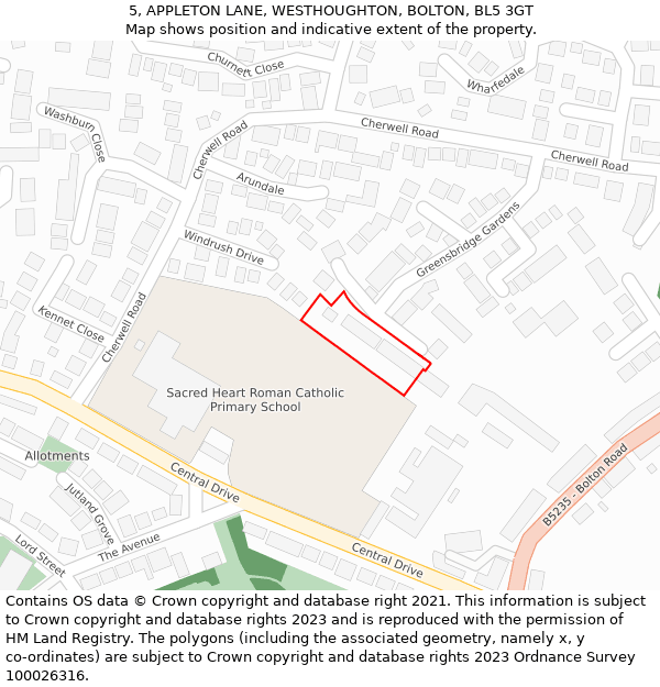 5, APPLETON LANE, WESTHOUGHTON, BOLTON, BL5 3GT: Location map and indicative extent of plot