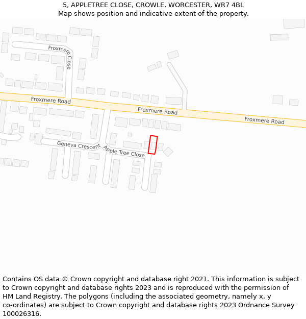 5, APPLETREE CLOSE, CROWLE, WORCESTER, WR7 4BL: Location map and indicative extent of plot