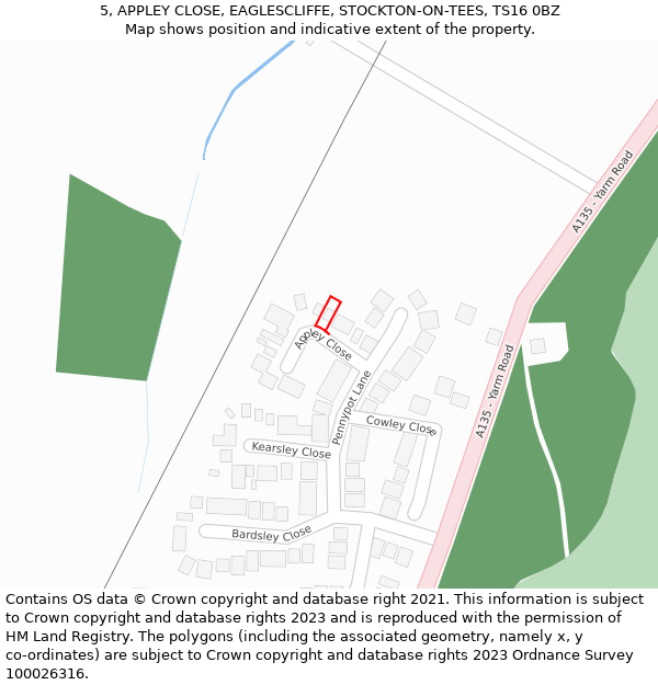 5, APPLEY CLOSE, EAGLESCLIFFE, STOCKTON-ON-TEES, TS16 0BZ: Location map and indicative extent of plot