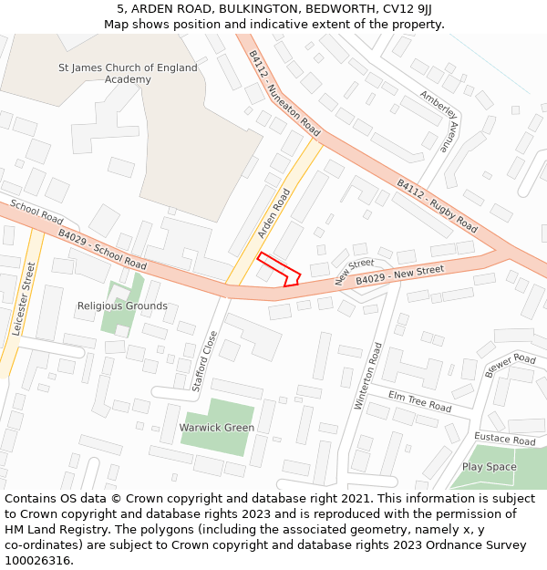 5, ARDEN ROAD, BULKINGTON, BEDWORTH, CV12 9JJ: Location map and indicative extent of plot