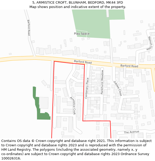 5, ARMISTICE CROFT, BLUNHAM, BEDFORD, MK44 3FD: Location map and indicative extent of plot