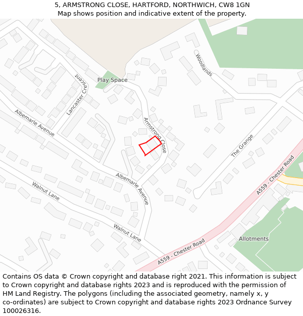 5, ARMSTRONG CLOSE, HARTFORD, NORTHWICH, CW8 1GN: Location map and indicative extent of plot