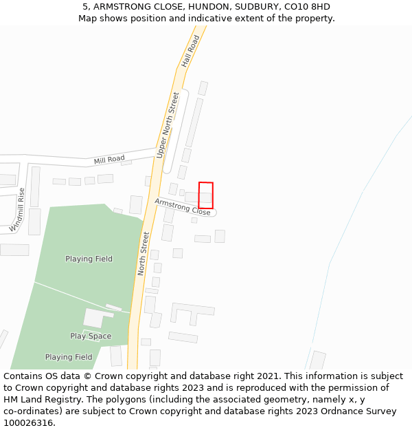 5, ARMSTRONG CLOSE, HUNDON, SUDBURY, CO10 8HD: Location map and indicative extent of plot