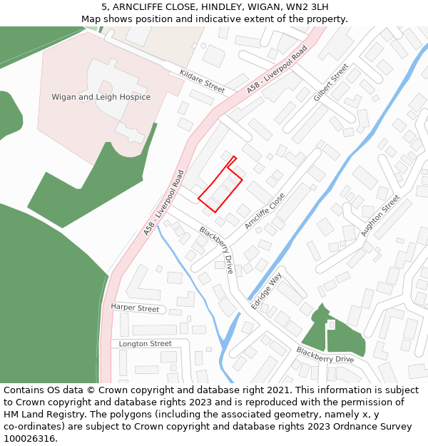 5, ARNCLIFFE CLOSE, HINDLEY, WIGAN, WN2 3LH: Location map and indicative extent of plot