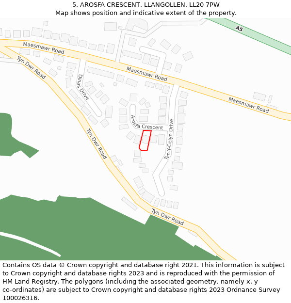 5, AROSFA CRESCENT, LLANGOLLEN, LL20 7PW: Location map and indicative extent of plot