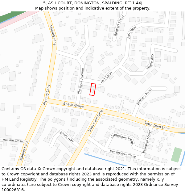 5, ASH COURT, DONINGTON, SPALDING, PE11 4XJ: Location map and indicative extent of plot