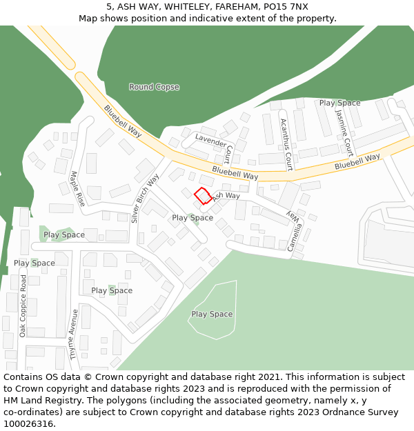 5, ASH WAY, WHITELEY, FAREHAM, PO15 7NX: Location map and indicative extent of plot