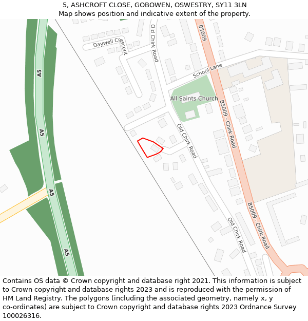 5, ASHCROFT CLOSE, GOBOWEN, OSWESTRY, SY11 3LN: Location map and indicative extent of plot