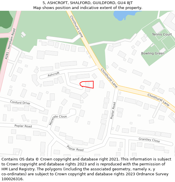 5, ASHCROFT, SHALFORD, GUILDFORD, GU4 8JT: Location map and indicative extent of plot