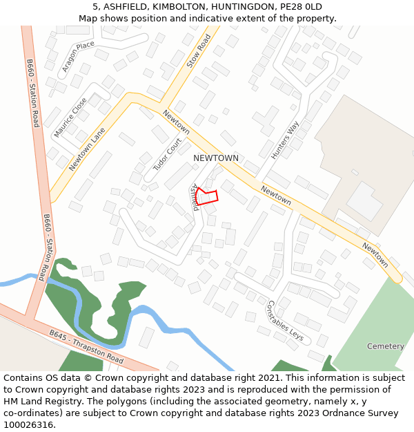 5, ASHFIELD, KIMBOLTON, HUNTINGDON, PE28 0LD: Location map and indicative extent of plot