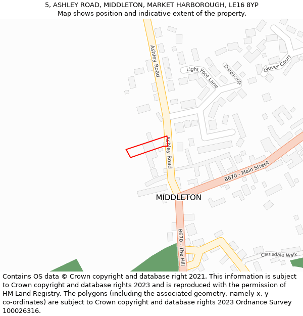 5, ASHLEY ROAD, MIDDLETON, MARKET HARBOROUGH, LE16 8YP: Location map and indicative extent of plot