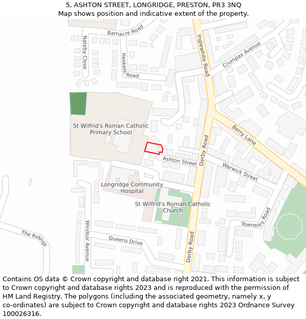5, ASHTON STREET, LONGRIDGE, PRESTON, PR3 3NQ: Location map and indicative extent of plot
