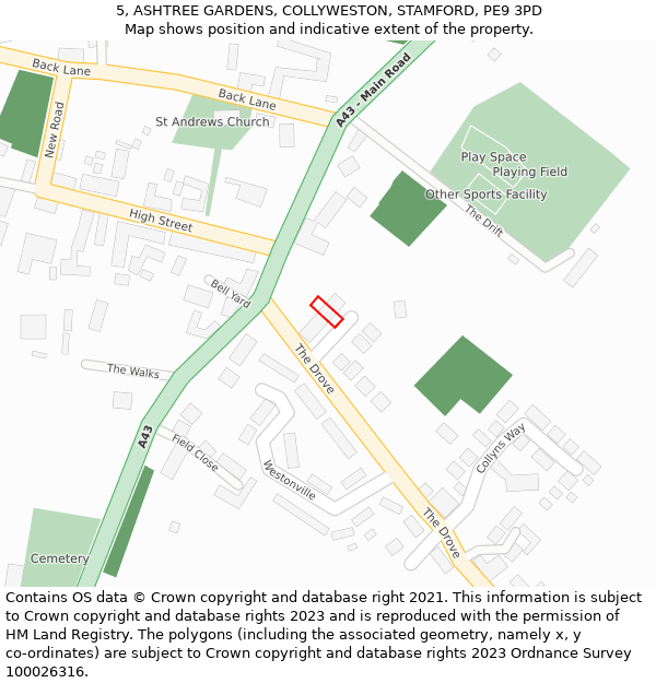 5, ASHTREE GARDENS, COLLYWESTON, STAMFORD, PE9 3PD: Location map and indicative extent of plot