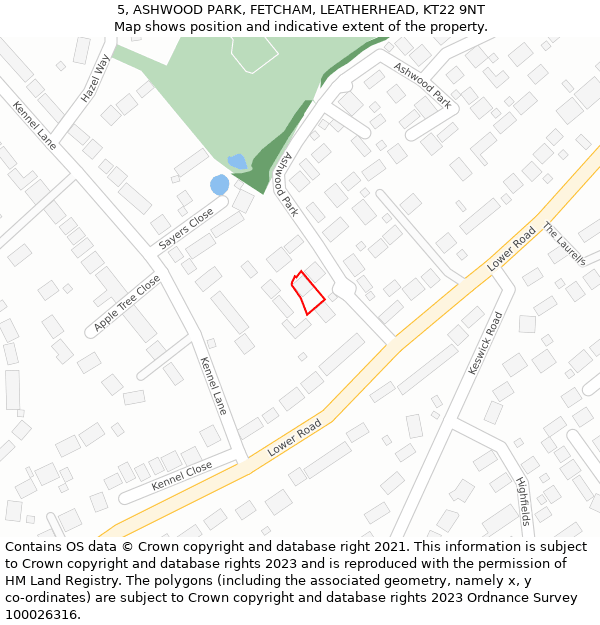 5, ASHWOOD PARK, FETCHAM, LEATHERHEAD, KT22 9NT: Location map and indicative extent of plot