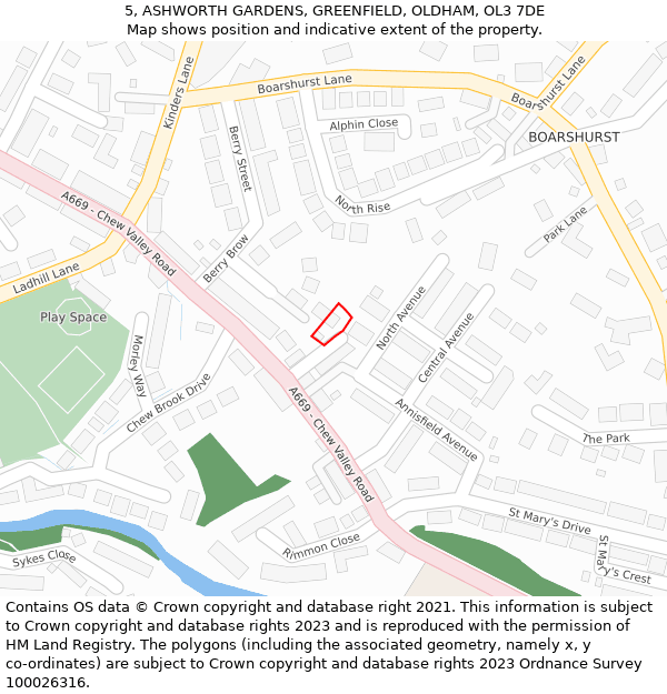 5, ASHWORTH GARDENS, GREENFIELD, OLDHAM, OL3 7DE: Location map and indicative extent of plot