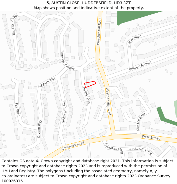 5, AUSTIN CLOSE, HUDDERSFIELD, HD3 3ZT: Location map and indicative extent of plot