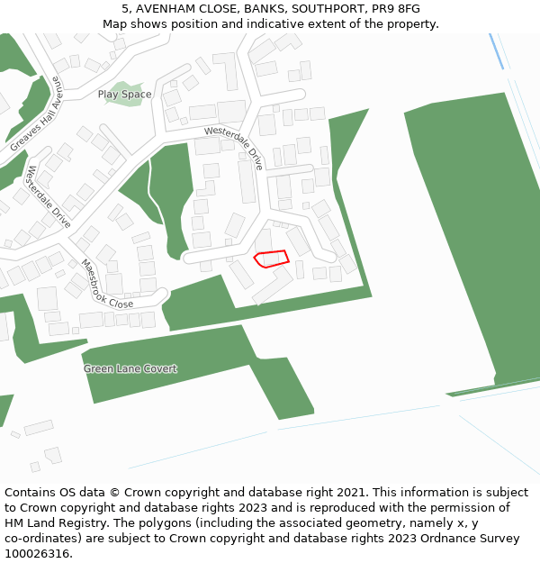 5, AVENHAM CLOSE, BANKS, SOUTHPORT, PR9 8FG: Location map and indicative extent of plot