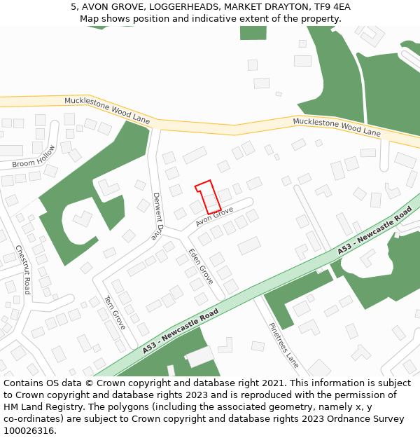 5, AVON GROVE, LOGGERHEADS, MARKET DRAYTON, TF9 4EA: Location map and indicative extent of plot