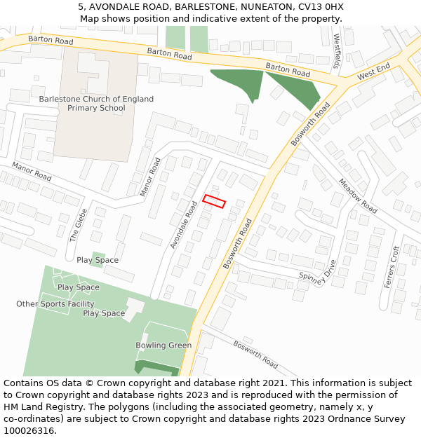 5, AVONDALE ROAD, BARLESTONE, NUNEATON, CV13 0HX: Location map and indicative extent of plot
