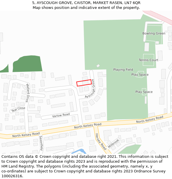 5, AYSCOUGH GROVE, CAISTOR, MARKET RASEN, LN7 6QR: Location map and indicative extent of plot